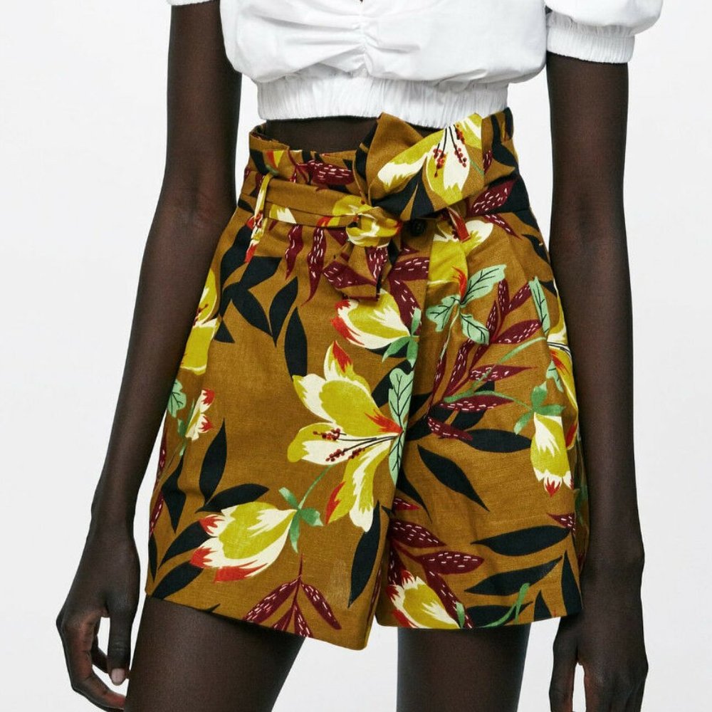 NWT Zara Tropical Prints High Waist Paper Bag Linen Bermuda Shorts, Size…